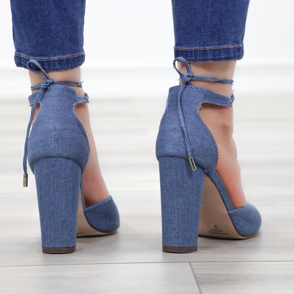 Denim Block Heel Pumps Pointed Toe Wraparound Ankle Tie High Heel - Picture 11 of 12